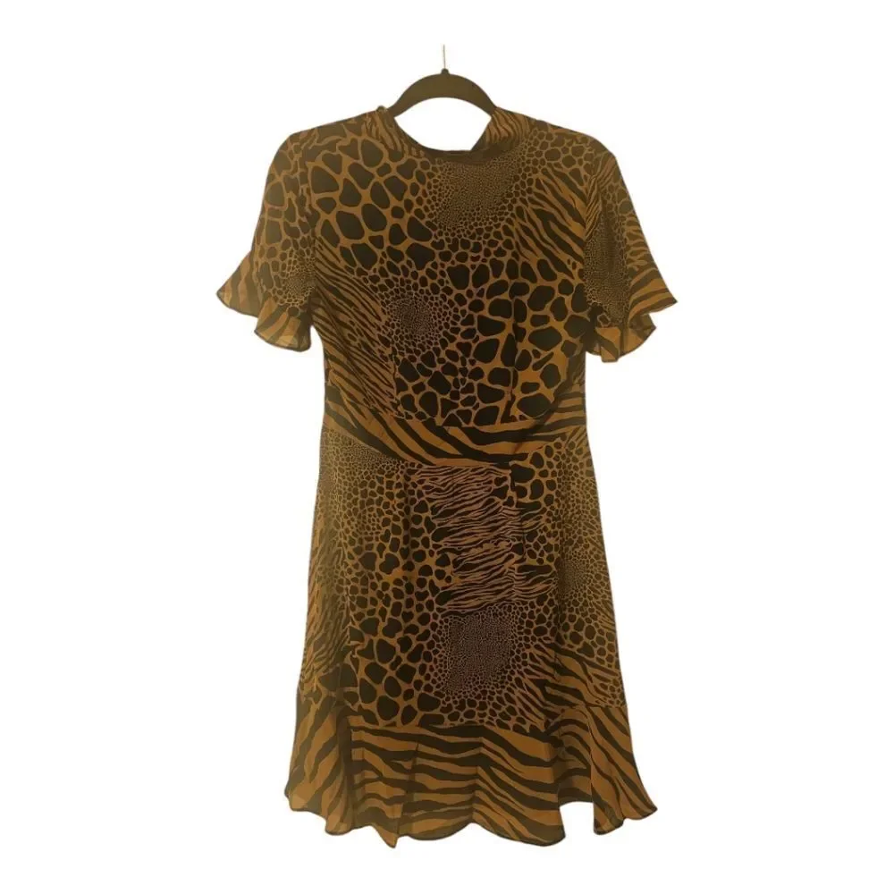 MICHAEL KORS NWT Ruffle Flounce Animal Print Caramel Tie Neck Dress‎ - Small